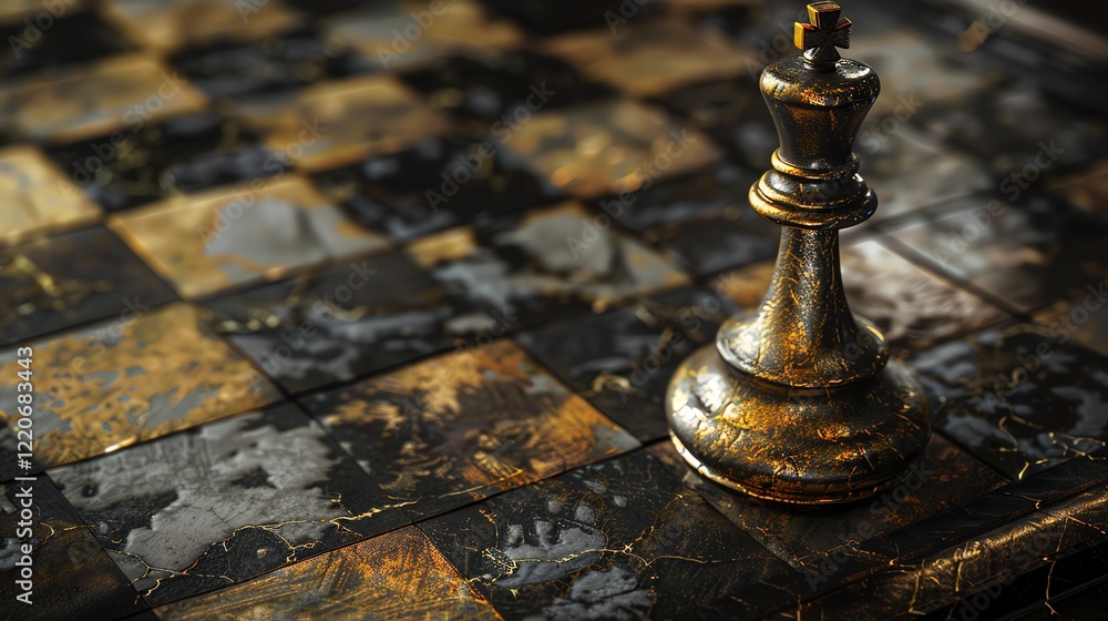 Poster 3d rendering of a chessboard with a single king. the board is made of dark marble and the king is ma