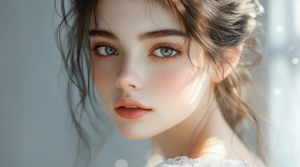 Fototapeta premium Modest unsure delicate expression of a girlish beauty with winsome charm