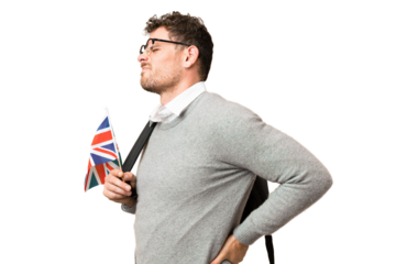 Brazilian man holding an United Kingdom flag over isolated chroma key background suffering from backache for having made an effort