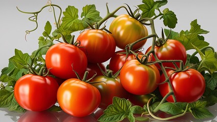 A vibrant cluster of seven to nine plump, ripe, juicy tomatoes in varying shades of red, from deep crimson to fire engine, with slight yellow and green undertones, nestled among lush, emerald green le
