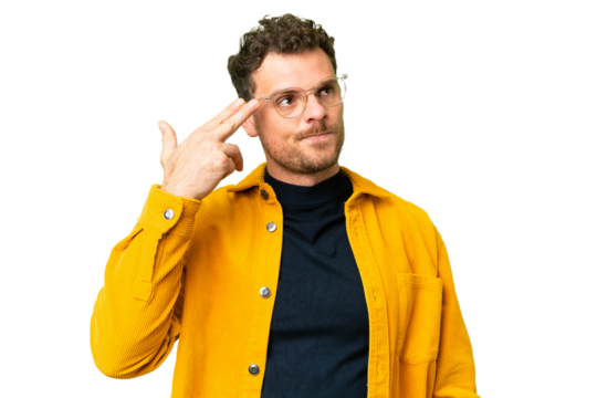 Brazilian man over isolated chroma key background with problems making suicide gesture