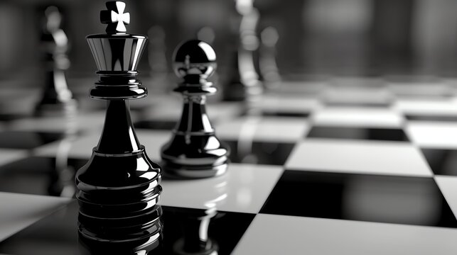 Black and white chess pieces on a chessboard. The king and pawn are in the foreground, with the other pieces blurred in the background.
