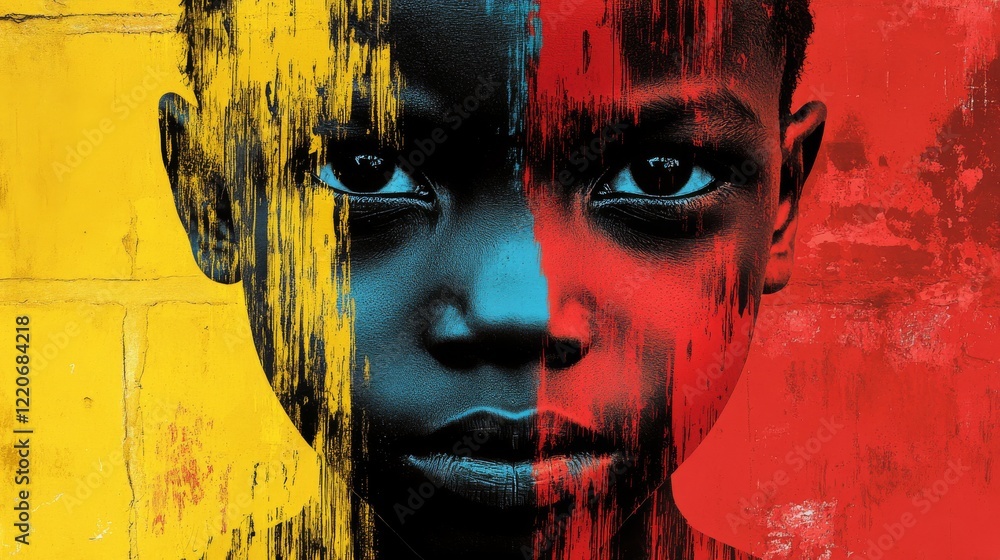 Poster striking portrait of a child with a split-color effect and textured background representing diverse 