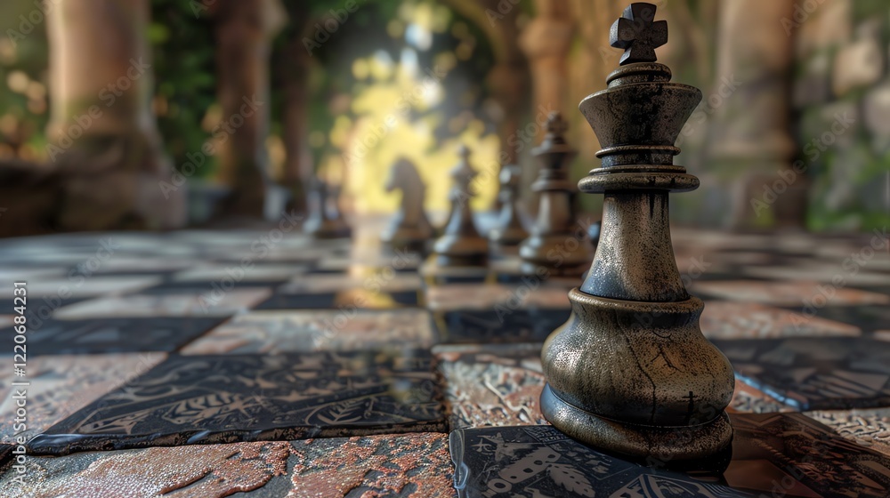 Poster 3d rendering of a chessboard with black and white chess pieces. the focus is on the black king in th