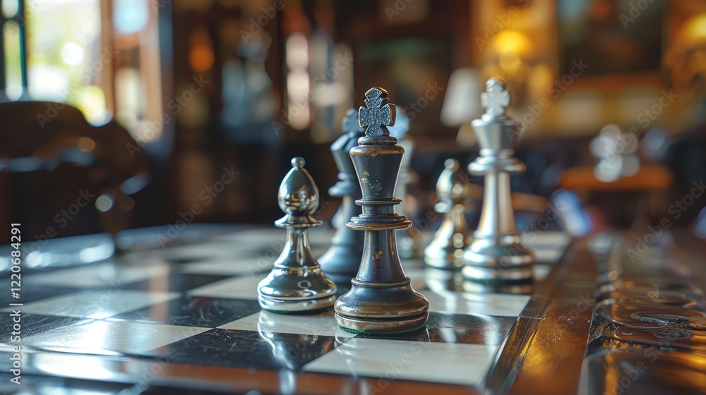 Poster a chessboard with a set of silver and black chess pieces. the pieces are arranged in a diagonal line