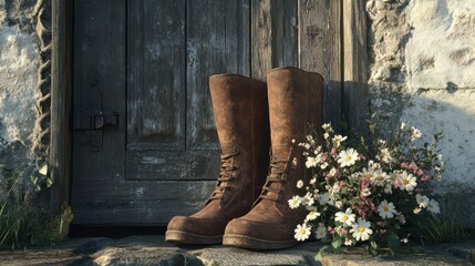 Rustic elegance: women's boots and bouquet by vintage english door for seasonal decor