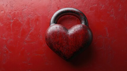 Heart-shaped kettlebell symbolizing love and fitness on red background