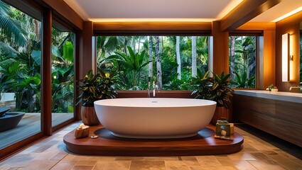 A luxurious modern bathroom with a white freestanding bathtub in the center, surrounded by wooden accents and plants. Large windows reveal a lush tropical forest outside. The room features warm ambien