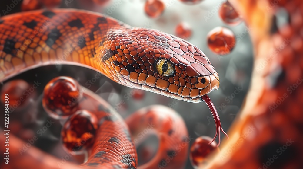 Poster venomous bite of a snake, with close-up views of the venom components being extracted for use in pha