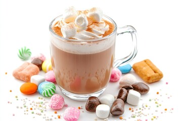 A glass of coffee with cream, marshmallows, and candies on a white background. Isolated stock photo, contest winner, commercial photography, stock photo, photography