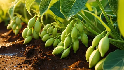 A highly detailed, close-up rendition of lush green gram plants, spotlighting the delicate, vibrant green leaves with subtle veining and the plump, tender pods bursting with tiny, yellowish-green seed