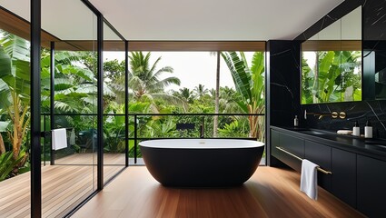 sleek modern bathroom featuring a freestanding tub with a panoramic view of tropical greenery through frameless glass walls. The space includes black marble accents, wooden flooring, and minimalist de