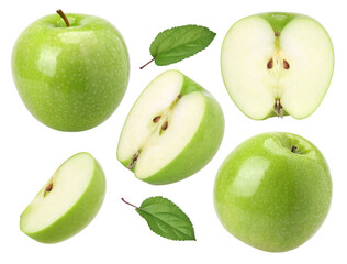 green apple (granny smith apple), slice, half and leaf isolated, transparent PNG, collection, PNG format, cut out