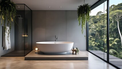 sleek modern bathroom featuring a freestanding tub with a panoramic view of tropical greenery through frameless glass walls. The space includes black marble accents, wooden flooring, and minimalist