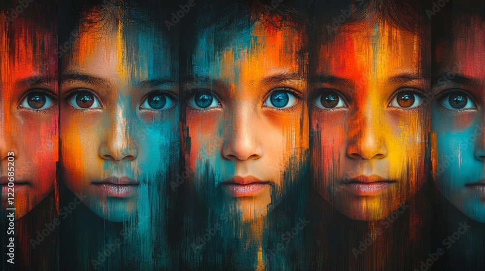 Poster a child's face depicted in a spectrum of vibrant colors using a dynamic painted brush stroke style c