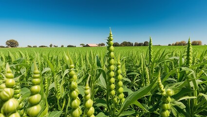 A vibrant green gram field stretching across a rural landscape under a bright blue sky. The plants are healthy, with small pods visible, and the scene is framed by distant trees or a rustic farmhouse.