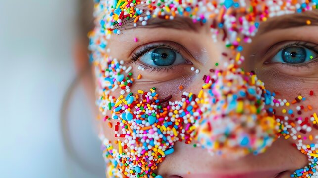 Close-up portrait of a young woman with her face covered in colorful sprinkles. She is looking at the camera with a happy expression.