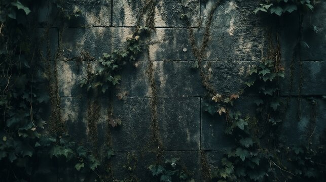 A minimalist weathered stone wall covered in creeping vines and moss.