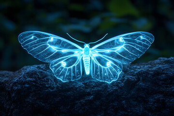 Bioluminescence Butterfly, Blue glowing insect, colorful butterfly at night, closup of a butterfly that emits light