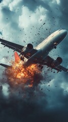 Aviation disaster concept with exploding airplane amidst stormy skies