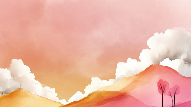 serene watercolor landscape featuring soft pink and orange hues blending into dreamy sunset sky, with fluffy white clouds and minimalistic trees on rolling hills