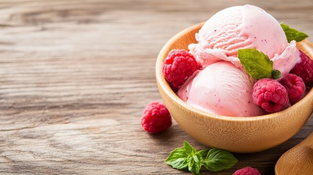 A bowl of pink raspberry ice cream garnished with fresh raspberries and mint leaves. - Powered by Adobe