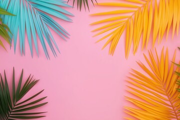 Obraz premium A pink background with a bunch of green and yellow leaves. The leaves are arranged in a way that they form a diamond shape