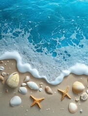 Beach scene with starfish and seashells coastal setting nature photography sunny day aerial view tranquil concept