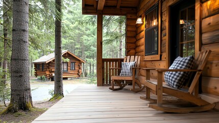 A cozy log cabin porch surrounded by trees, featuring rocking chairs and a warm, inviting atmosphere.
