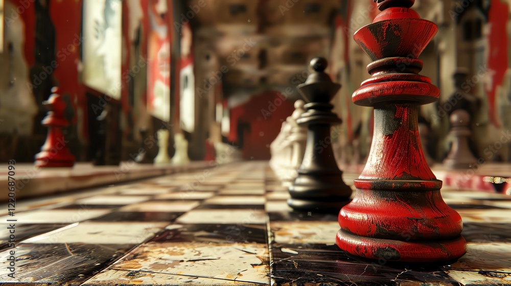 Poster 3d rendering of a chessboard with red and black chess pieces. the focus is on the red king in the fo