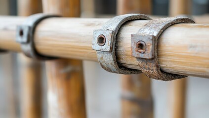 Close-up of bamboo scaffolding, showcasing the metal clasps and support structure used to make it sturdy for construction work or emergency repair tasks. 