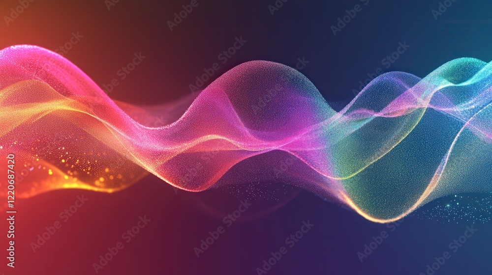Aufkleber dynamic interaction of particles, creating a wave-like motion in a colorful, translucent medium.