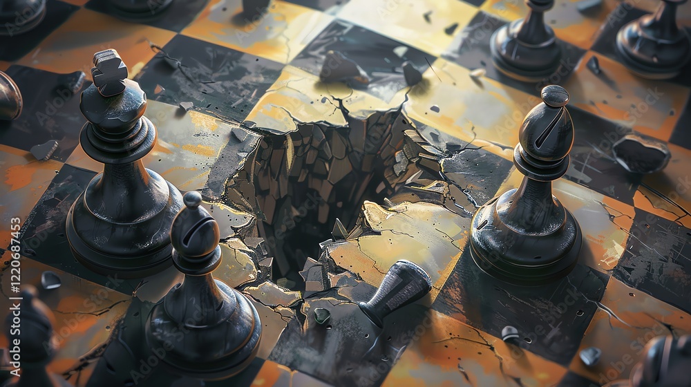 Aufkleber 3d rendering of a chessboard with a hole in the middle. the chess pieces are scattered around the ho