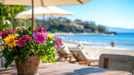 Fototapeta premium Vibrant floral arrangement on a wooden table overlooking a sunny beach scene. Beach chairs and umbrellas are visible in the background, with people enjoying the ocean.