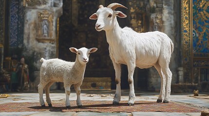 Goats in a temple, mother and kid on rug. Stock photo