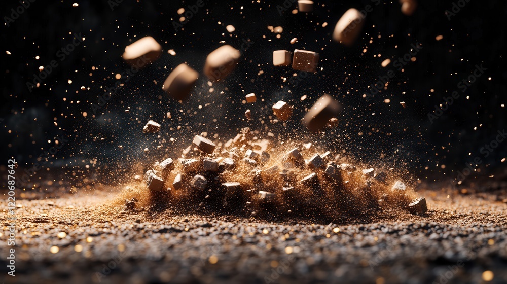 Poster dynamic pile of solid particles cascading like a slow-motion landslide under natural lighting.