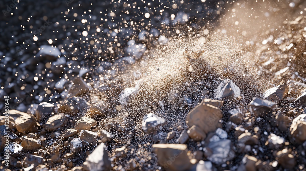 Poster dynamic pile of solid particles cascading like a slow-motion landslide under natural lighting.