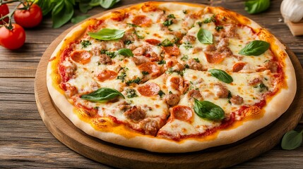 A delicious pizza topped with sausage, pepperoni, and fresh basil on a wooden board.