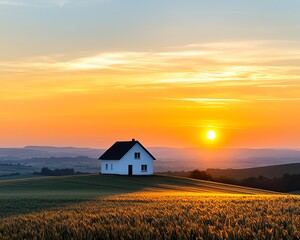 A serene landscape featuring a white house at sunset, surrounded by golden fields and rolling hills under a colorful sky.