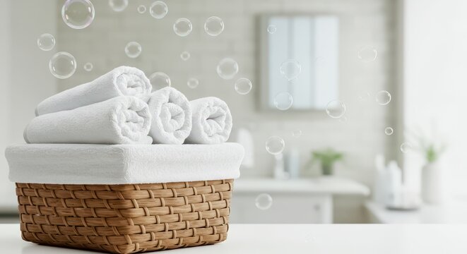 A wicker basket filled with fresh fluffy white towels sits on a bright surface