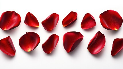 Fototapeta premium Elegant arrangement of beautiful red rose petals on pristine white background