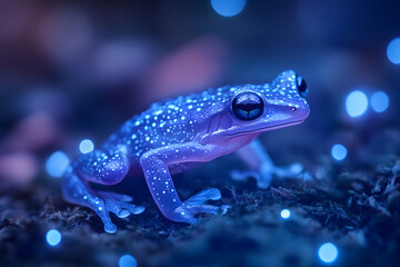 Frog with Bioluminescence with purple and blue glowing color, amphibian wildlife macro capture, colorful tree frog