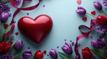 Valentine's day background with red heart ribbon and purple tulips for romantic design