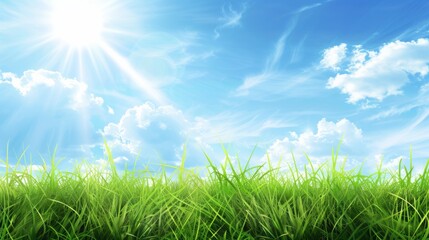 Obraz premium Vibrant Green Grass Meadow Under a Sunny Blue Sky with Fluffy Clouds A Serene Nature Landscape Photography