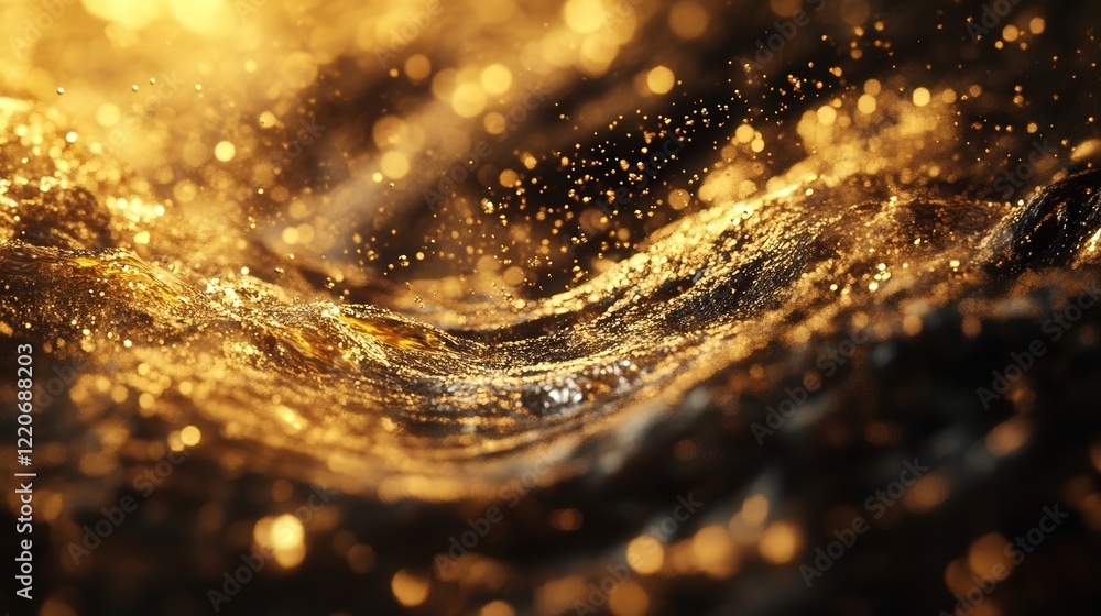 Poster dynamic swirl of liquid particles creating waves, with light refracting through the moving medium.