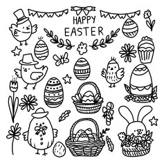 A collection of Easter themed drawings of birds, eggs, and flowers. The drawings are in black and white doodle. Vector illustration.