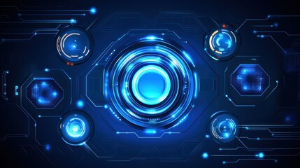 Abstract futuristic technology background with glowing blue circles and circuit board design.
