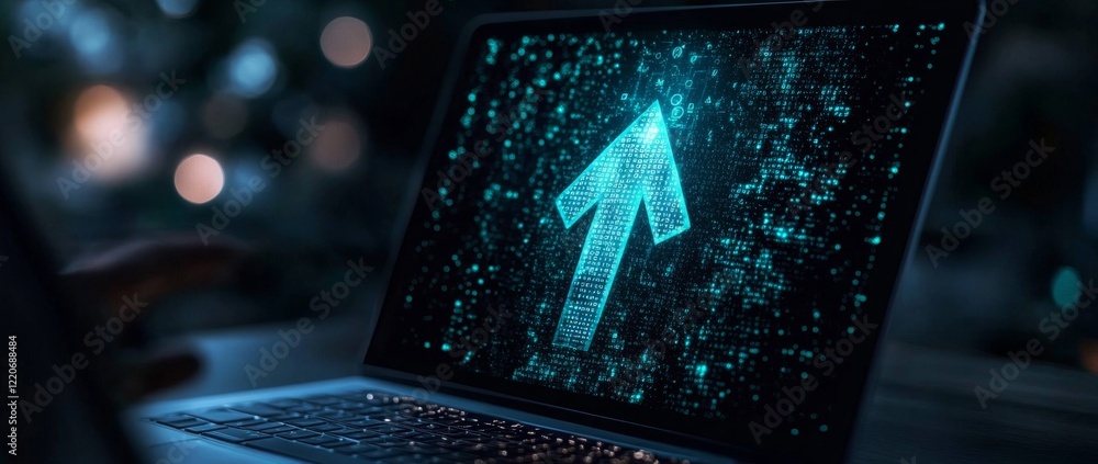 Fototapete Digital hologram of an arrow-up icon on a laptop screen showcasing futuristic AI technology concepts and data visualization