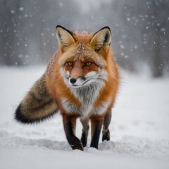 A red fox prowls through a snowy landscape, its vibrant fur standing out against the white background, as delicate snowflakes fall from a pale gray sky and its sharp eyes focus intently ahead.