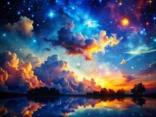 Naklejka premium Dreamy Summer Night Sky: Double Exposure of Stars and Clouds